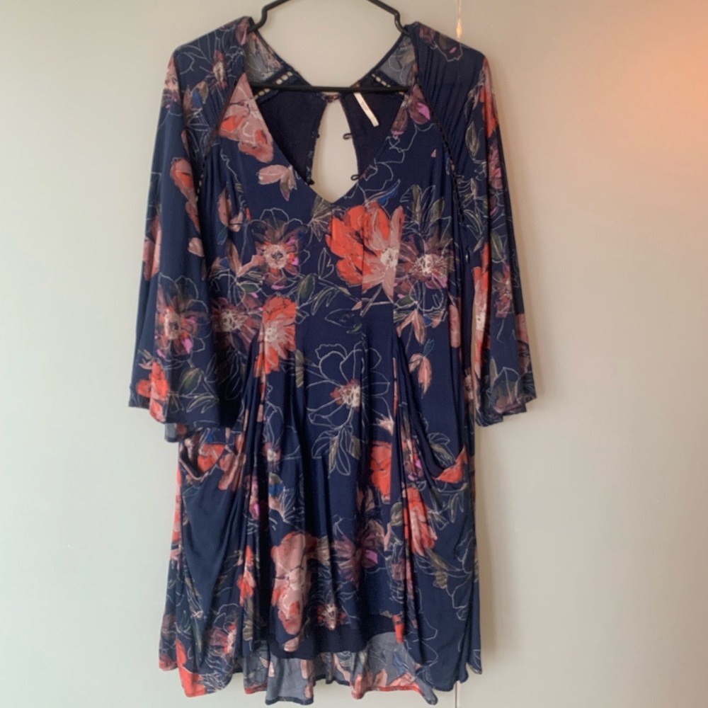 Free People Floral Navy and Coral Dress
